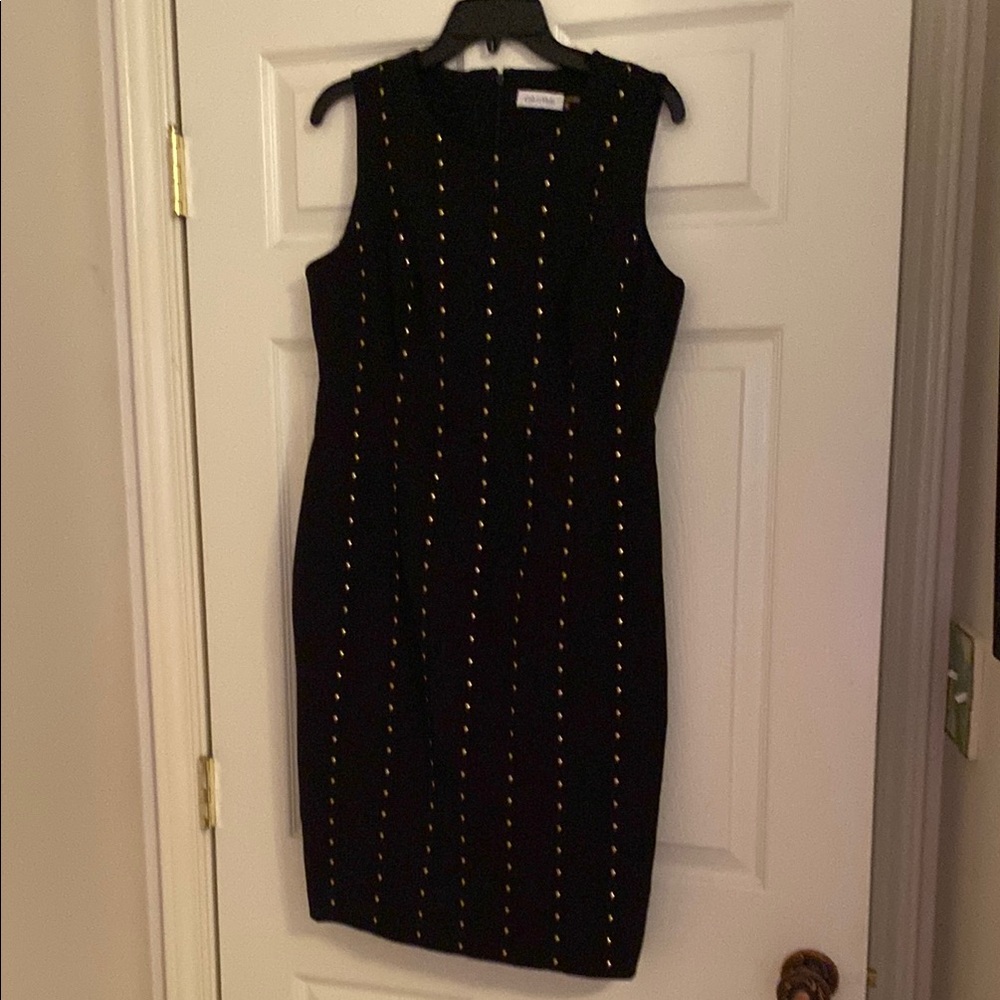 Calvin Klein Black Sheath Midi Dress with Silver Accents